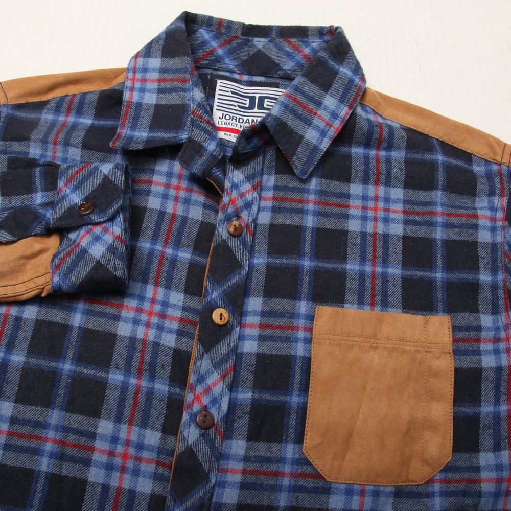Jordan Craig Shirt Mens Medium Blue Plaid Flannel Tan Suede Elbow Patches Legacy